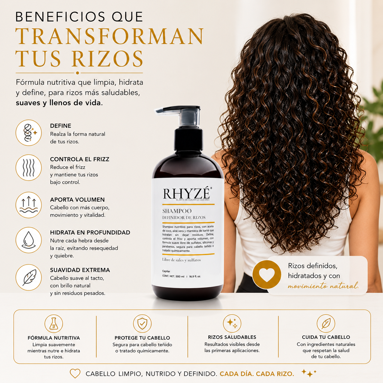 Shampoo Definidor de Rizos RHYZÉ® | Hidratación, control de frizz y definición natural | Libre de sales y sulfatos | 500 ml