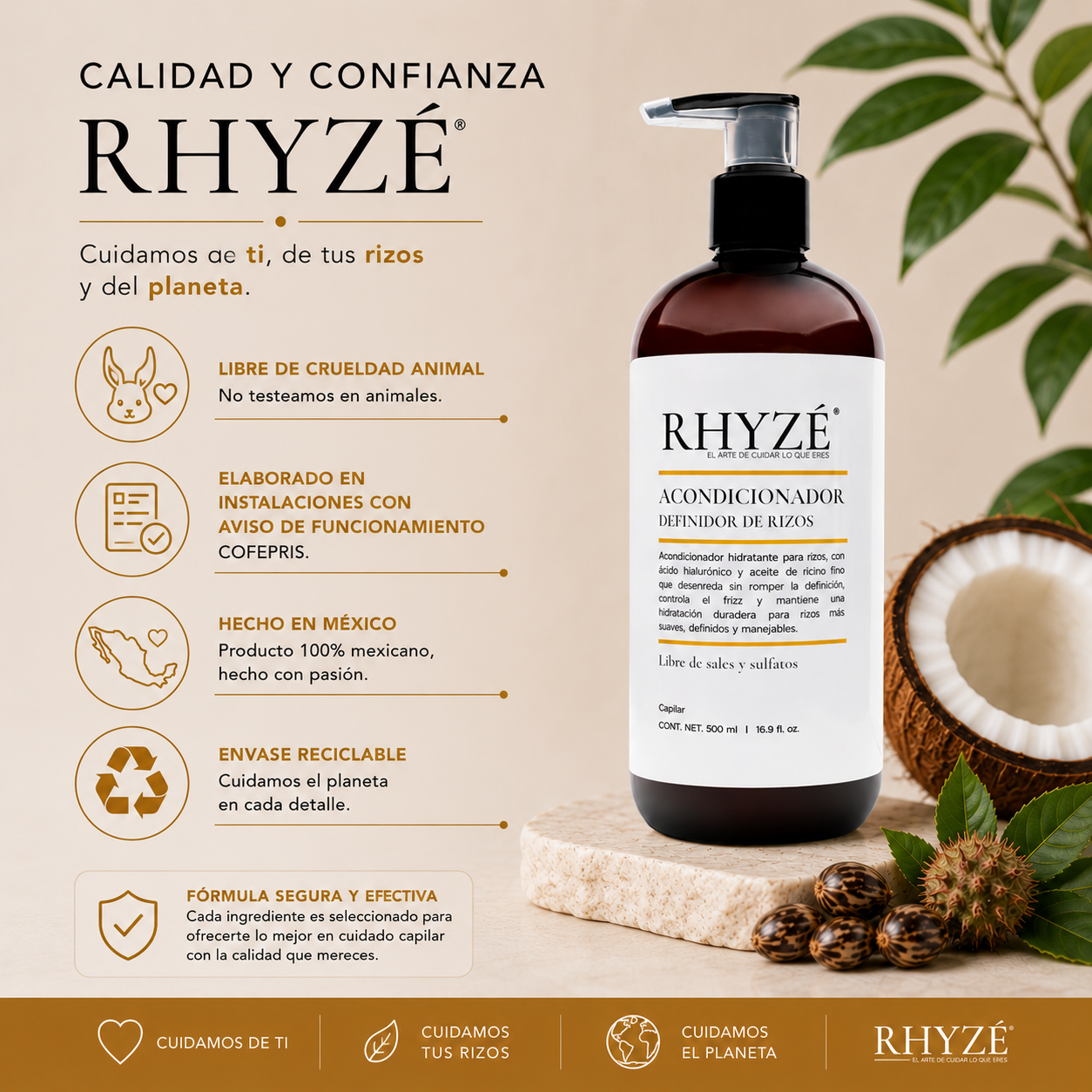 Acondicionador Definidor de Rizos RHYZÉ® | Hidratación + Control de Frizz | Libre de Sales y Sulfatos | 500 ml