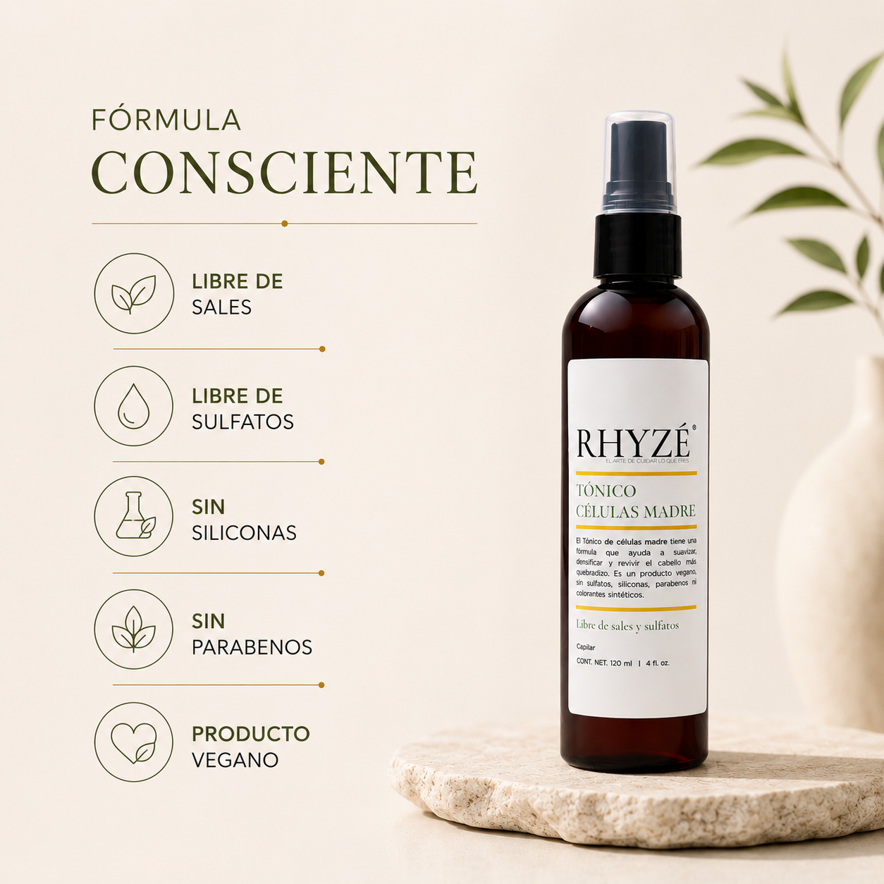 Tónico Capilar RHYZÉ con Células Madre | Densifica + Repara + Sin Enjuague | 120 ml
