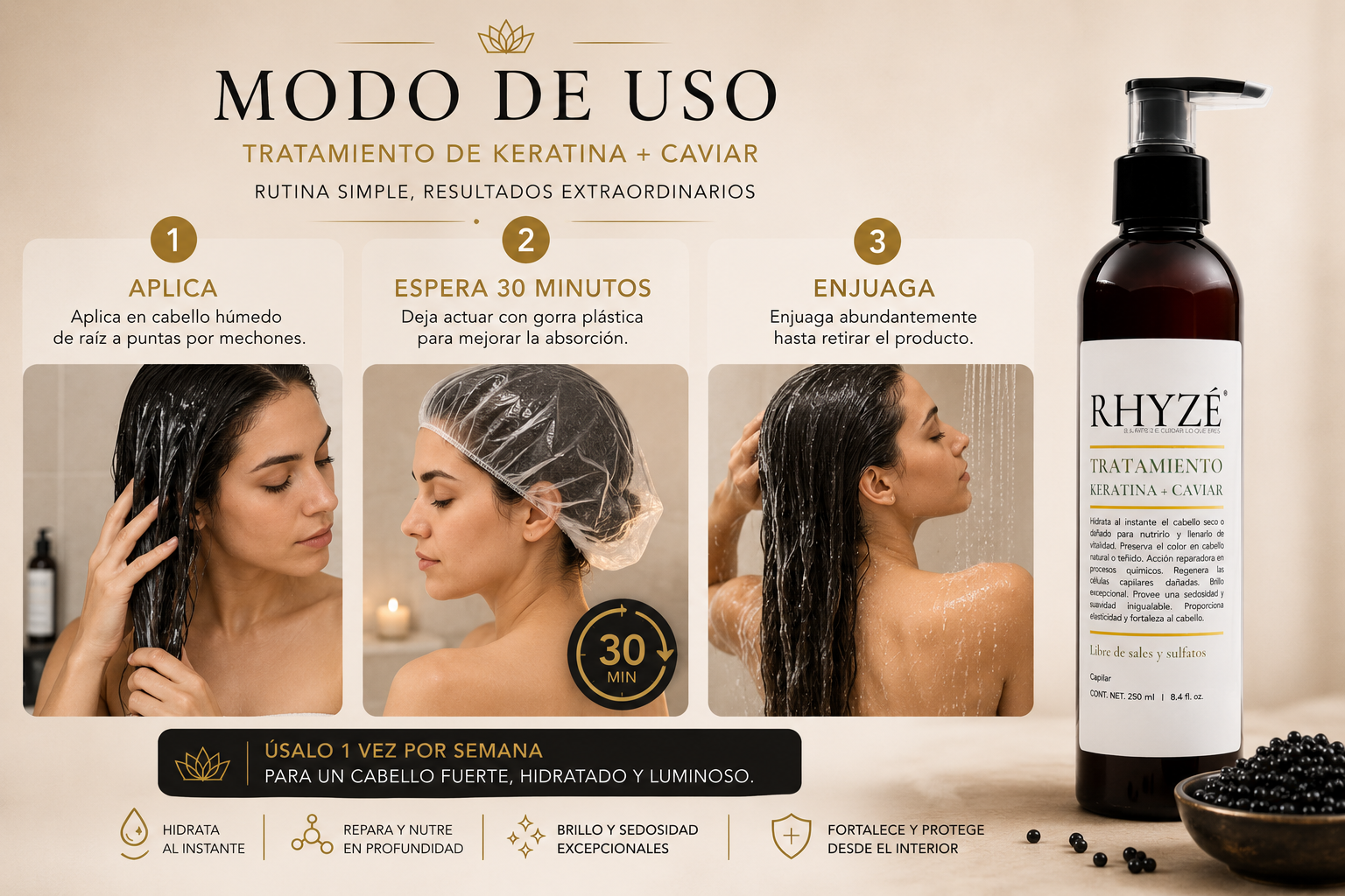 Tratamiento RHYZÉ Keratina + Caviar | 250 ml | Sin sales ni sulfatos