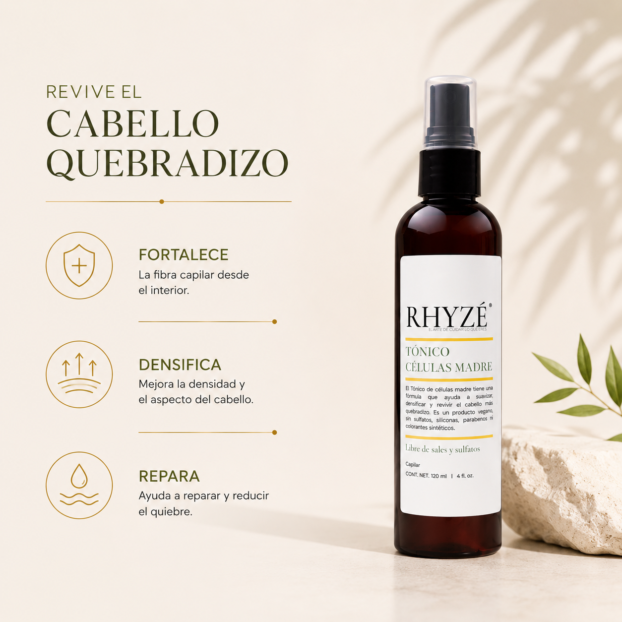 Tónico Capilar RHYZÉ con Células Madre | Densifica + Repara + Sin Enjuague | 120 ml
