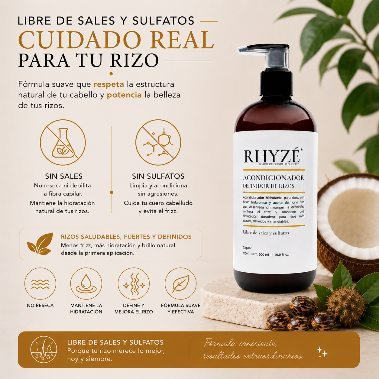 Acondicionador Definidor de Rizos RHYZÉ® | Hidratación + Control de Frizz | Libre de Sales y Sulfatos | 500 ml