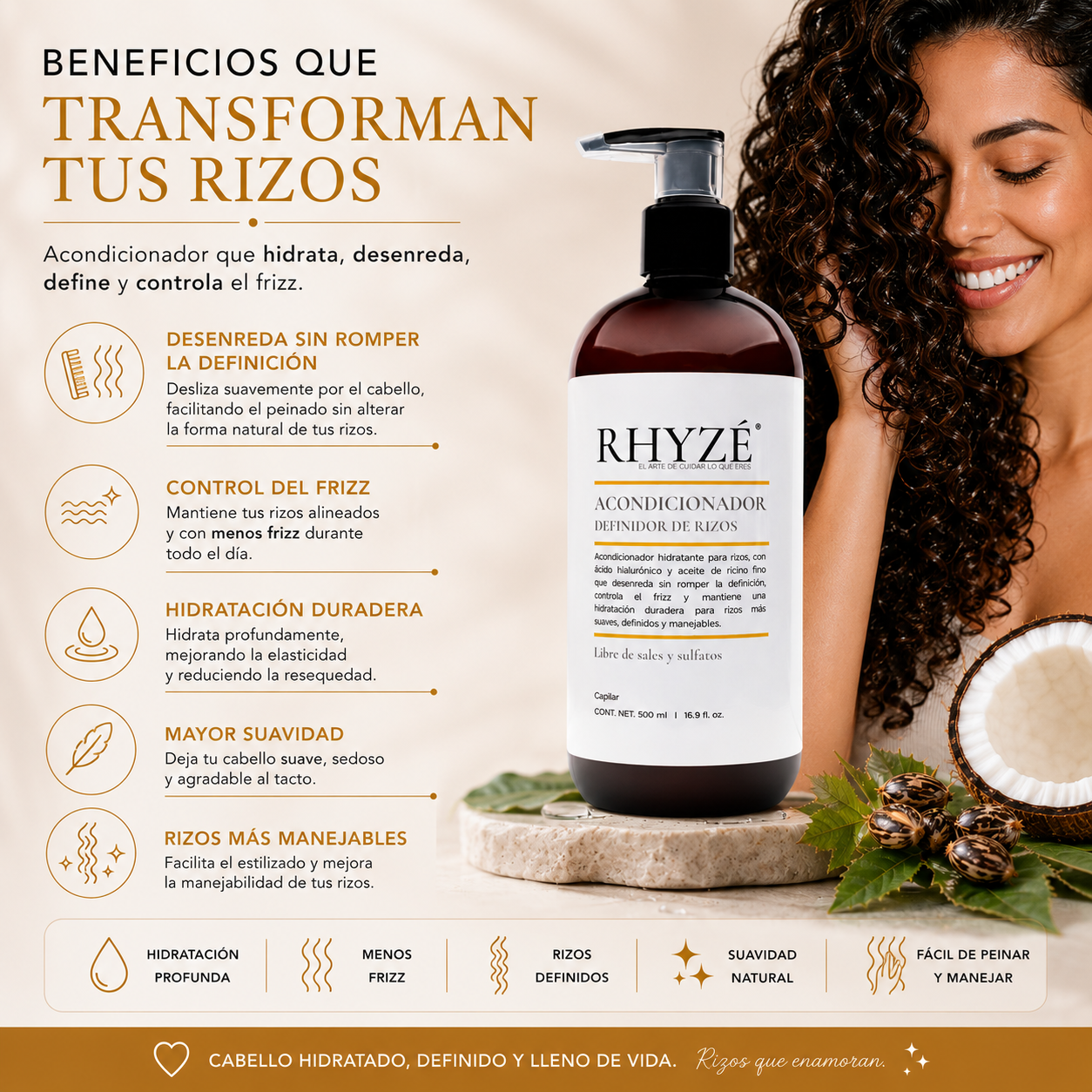 Acondicionador Definidor de Rizos RHYZÉ® | Hidratación + Control de Frizz | Libre de Sales y Sulfatos | 500 ml