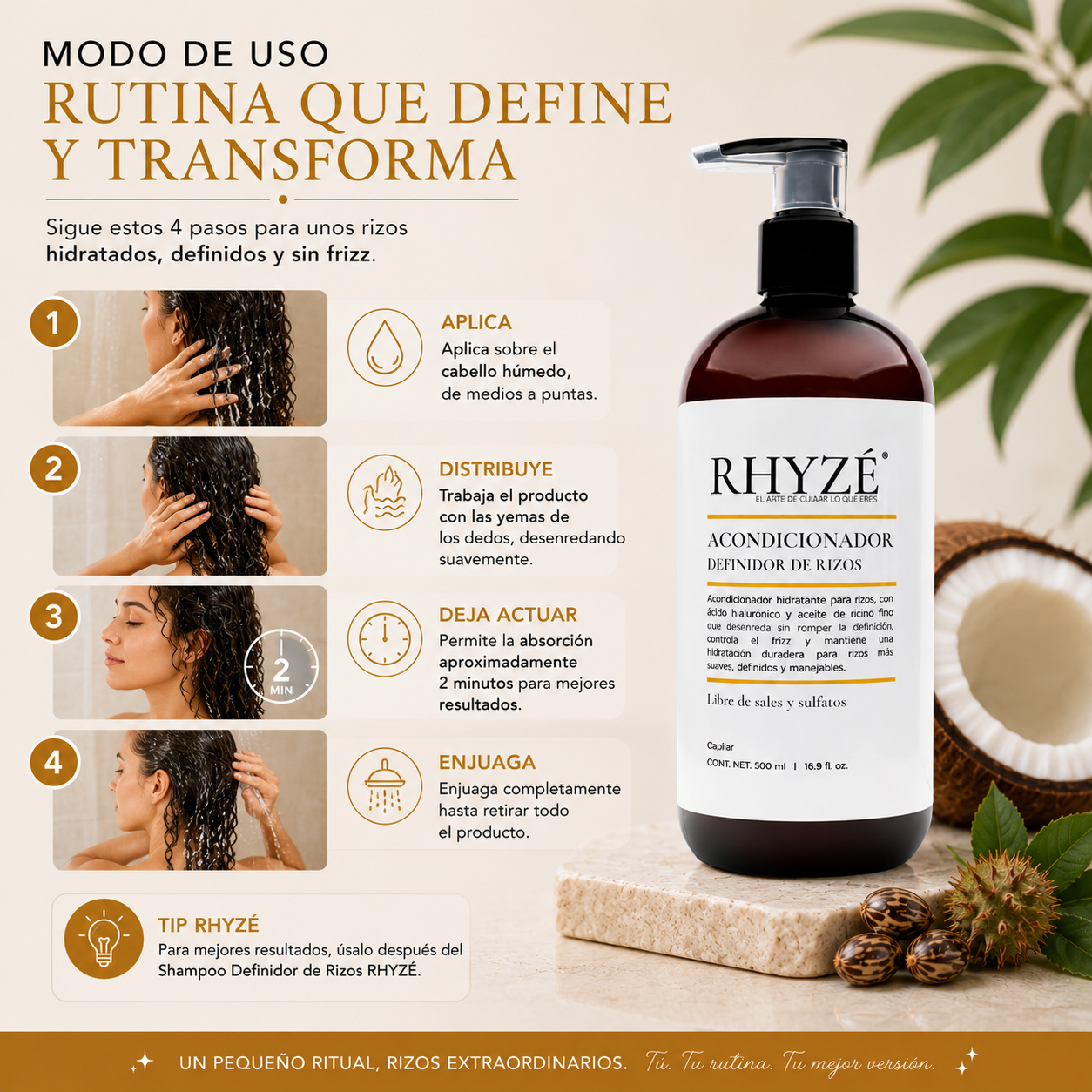 Acondicionador Definidor de Rizos RHYZÉ® | Hidratación + Control de Frizz | Libre de Sales y Sulfatos | 500 ml