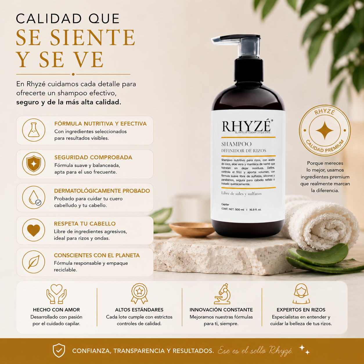 Shampoo Definidor de Rizos RHYZÉ® | Hidratación, control de frizz y definición natural | Libre de sales y sulfatos | 500 ml