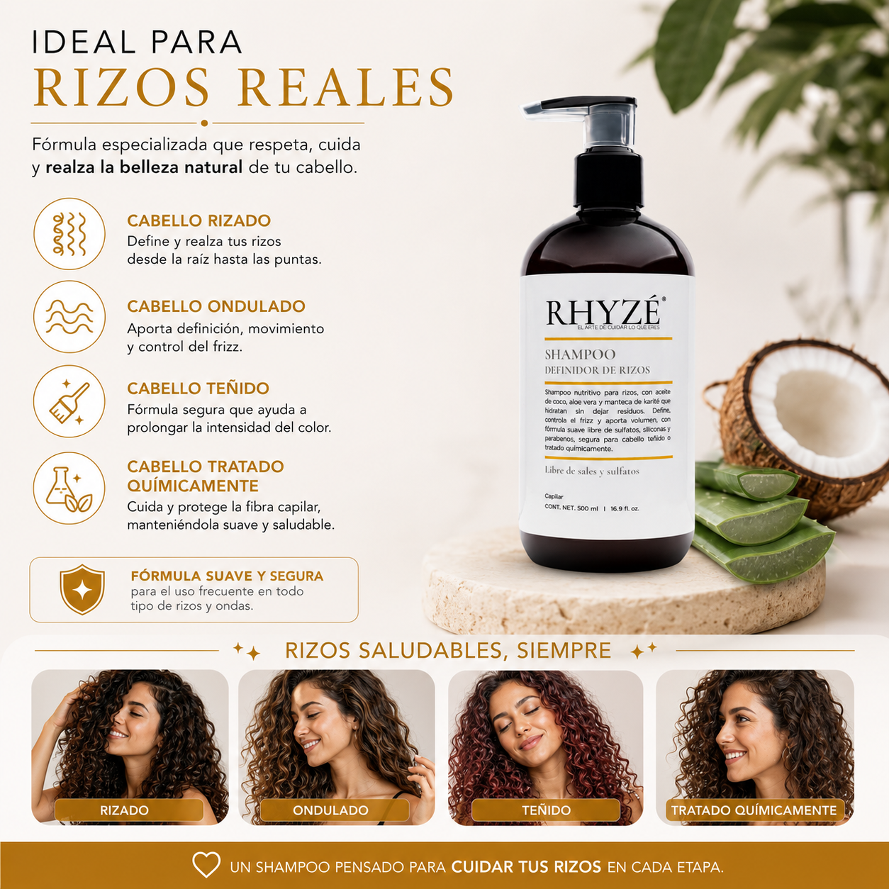 Shampoo Definidor de Rizos RHYZÉ® | Hidratación, control de frizz y definición natural | Libre de sales y sulfatos | 500 ml