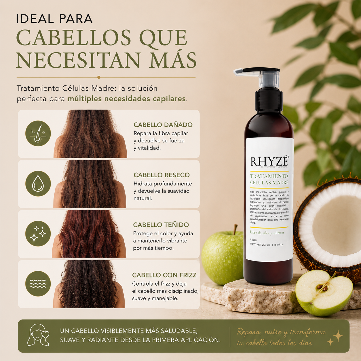 Tratamiento Capilar RHYZÉ con Células Madre | Reparación Profunda + Hidratación Premium | 250 ml