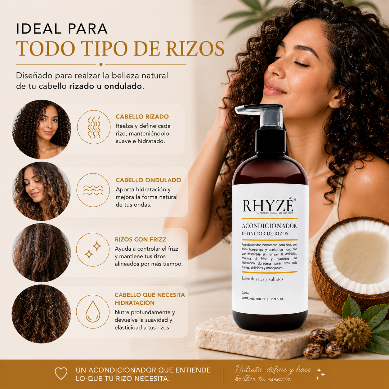 Acondicionador Definidor de Rizos RHYZÉ® | Hidratación + Control de Frizz | Libre de Sales y Sulfatos | 500 ml
