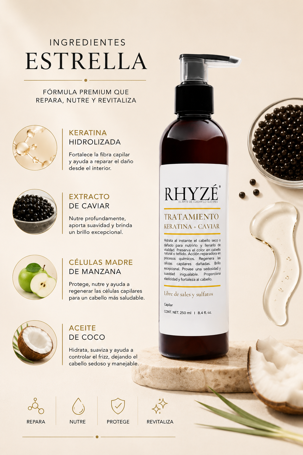 Tratamiento RHYZÉ Keratina + Caviar | 250 ml | Sin sales ni sulfatos
