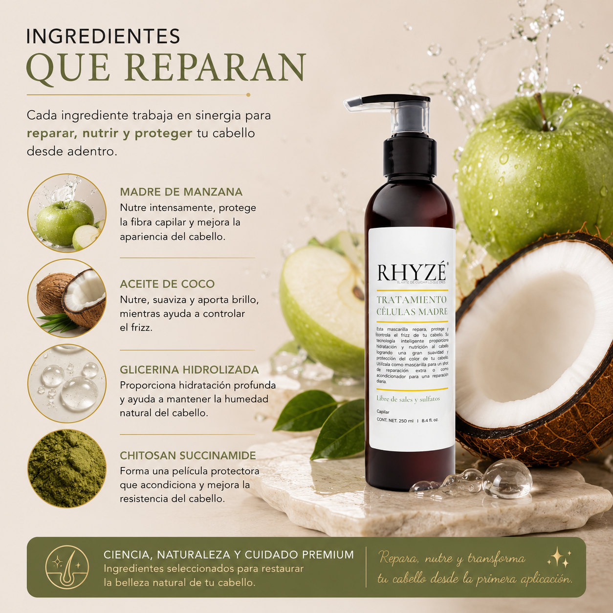 Tratamiento Capilar RHYZÉ con Células Madre | Reparación Profunda + Hidratación Premium | 250 ml