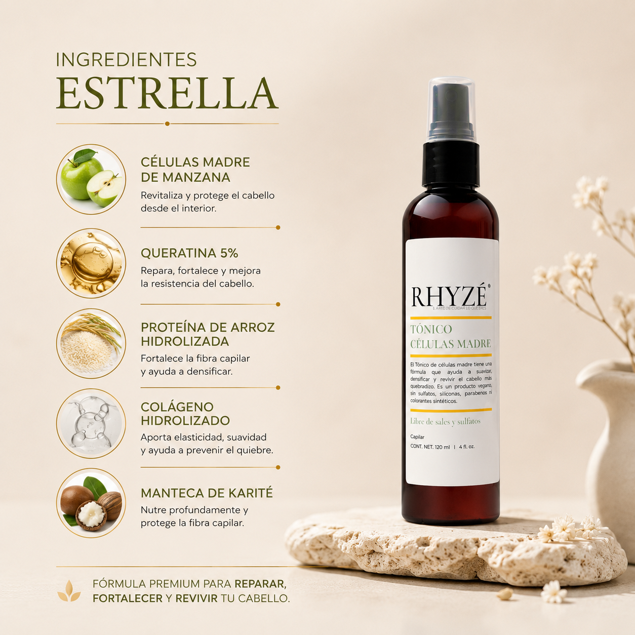 Tónico Capilar RHYZÉ con Células Madre | Densifica + Repara + Sin Enjuague | 120 ml