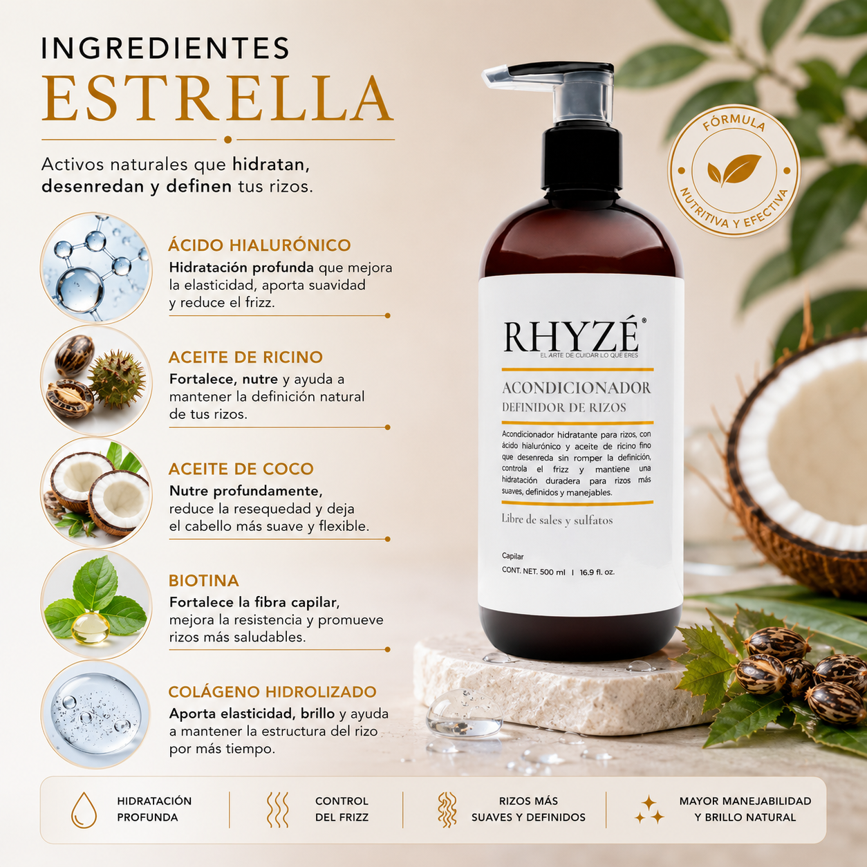Acondicionador Definidor de Rizos RHYZÉ® | Hidratación + Control de Frizz | Libre de Sales y Sulfatos | 500 ml