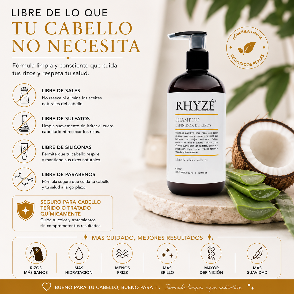 Shampoo Definidor de Rizos RHYZÉ® | Hidratación, control de frizz y definición natural | Libre de sales y sulfatos | 500 ml