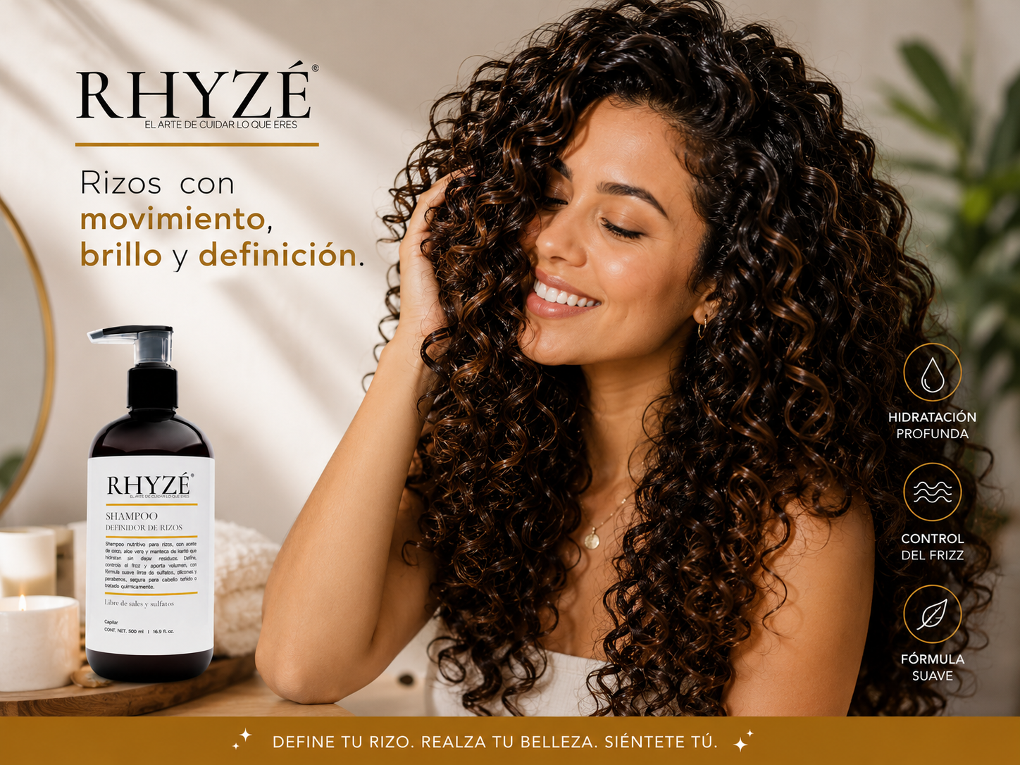 Shampoo Definidor de Rizos RHYZÉ® | Hidratación, control de frizz y definición natural | Libre de sales y sulfatos | 500 ml