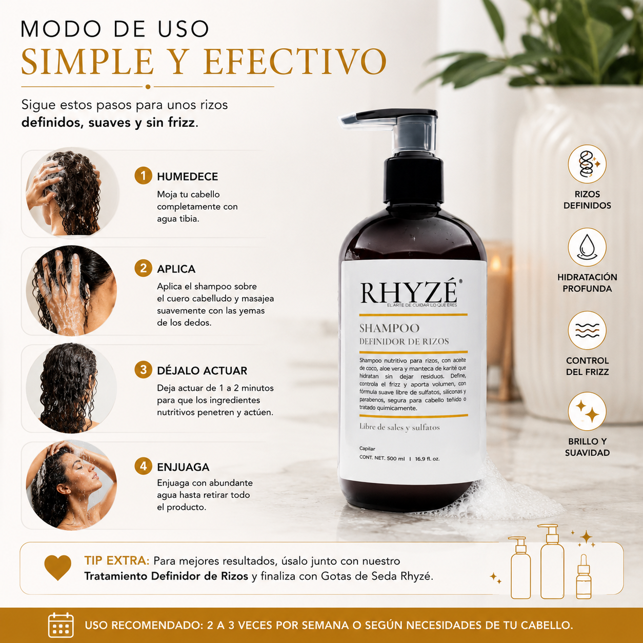Shampoo Definidor de Rizos RHYZÉ® | Hidratación, control de frizz y definición natural | Libre de sales y sulfatos | 500 ml