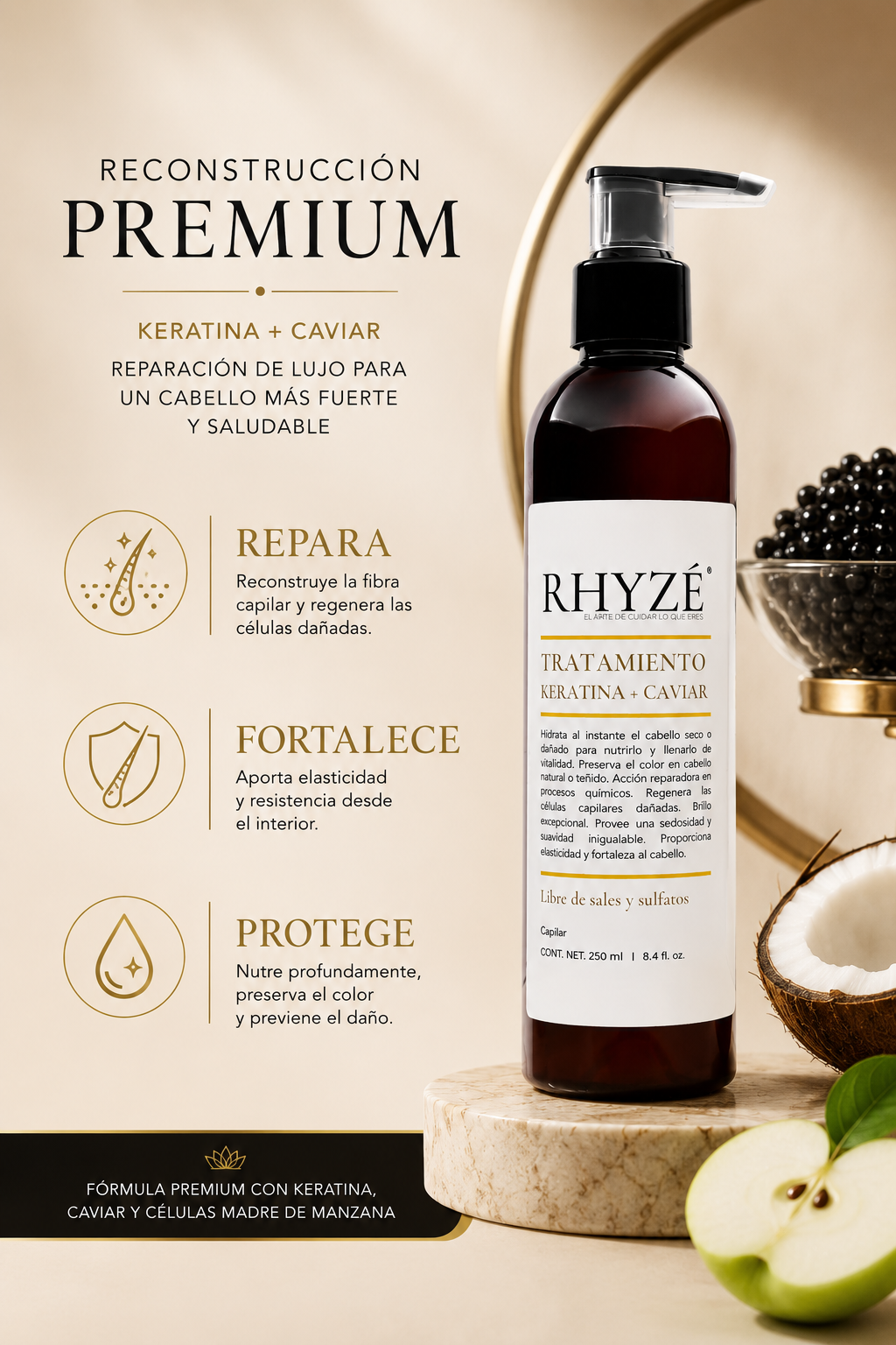 Tratamiento RHYZÉ Keratina + Caviar | 250 ml | Sin sales ni sulfatos