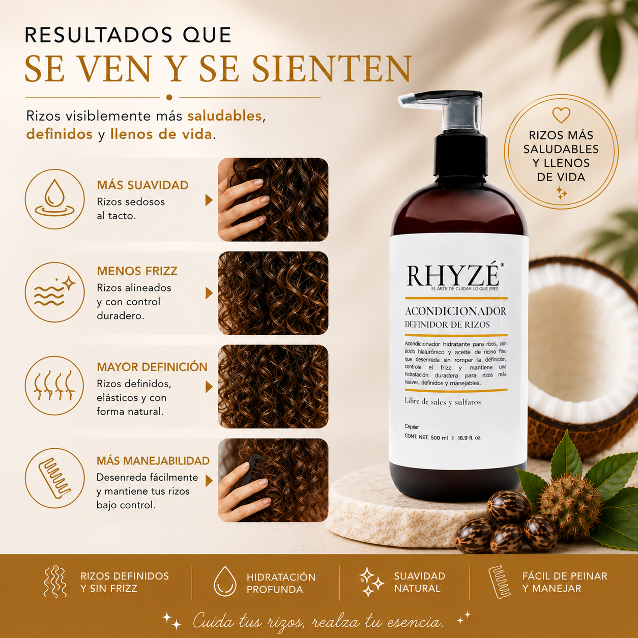 Acondicionador Definidor de Rizos RHYZÉ® | Hidratación + Control de Frizz | Libre de Sales y Sulfatos | 500 ml