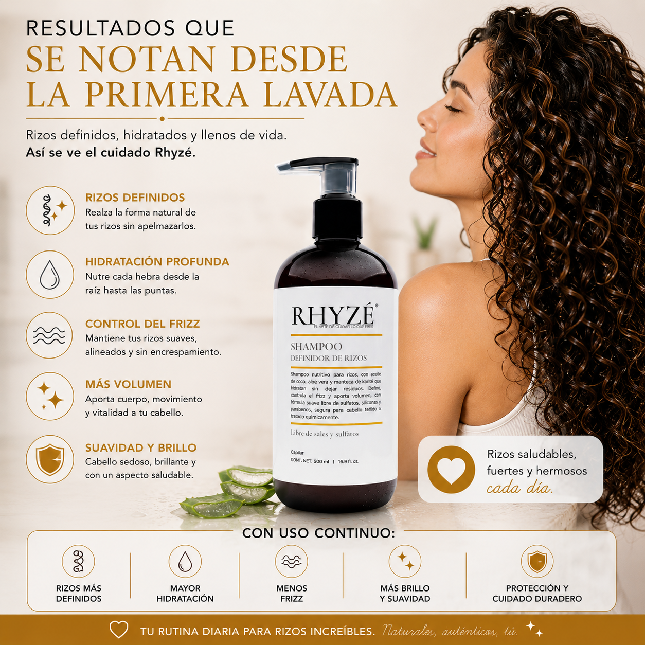 Shampoo Definidor de Rizos RHYZÉ® | Hidratación, control de frizz y definición natural | Libre de sales y sulfatos | 500 ml