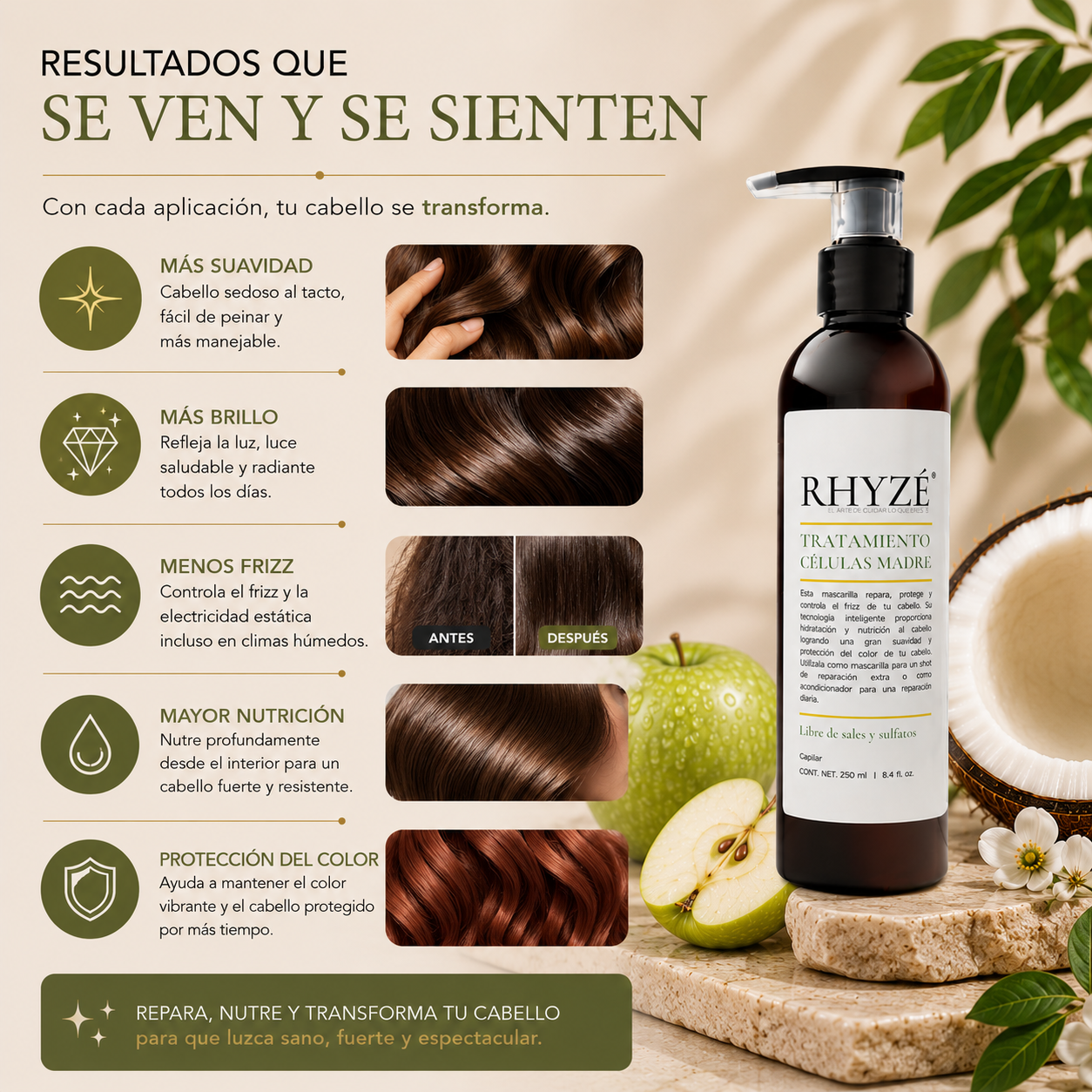 Tratamiento Capilar RHYZÉ con Células Madre | Reparación Profunda + Hidratación Premium | 250 ml