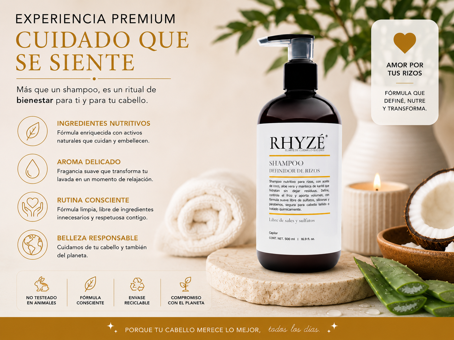 Shampoo Definidor de Rizos RHYZÉ® | Hidratación, control de frizz y definición natural | Libre de sales y sulfatos | 500 ml